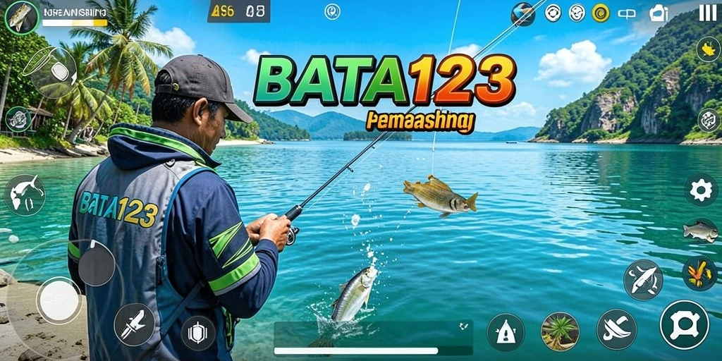 Screenshot BATA123 menunjukkan pemain menangkap ikan dengan latar belakang pemandangan laut yang indah.