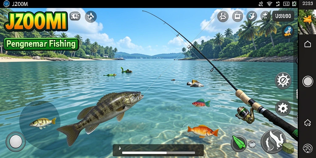 Tampilan gameplay J200M yang menampilkan adegan memancing yang menarik.
