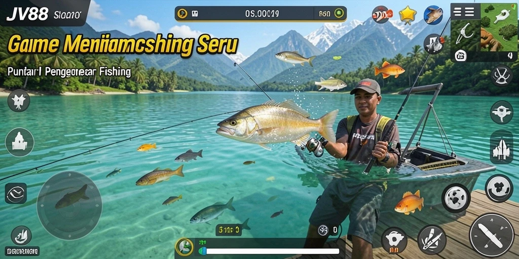 Screenshot gameplay JV88 yang menampilkan aksi memancing seru.