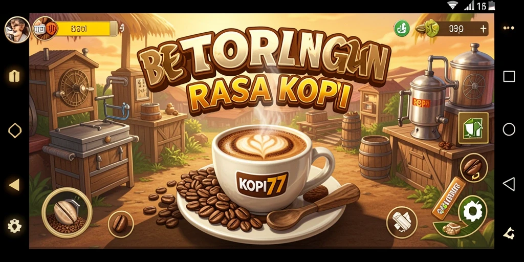 Screenshot utama KOPI77 menampilkan pemain yang menjelajahi dunia kopi yang menakjubkan.