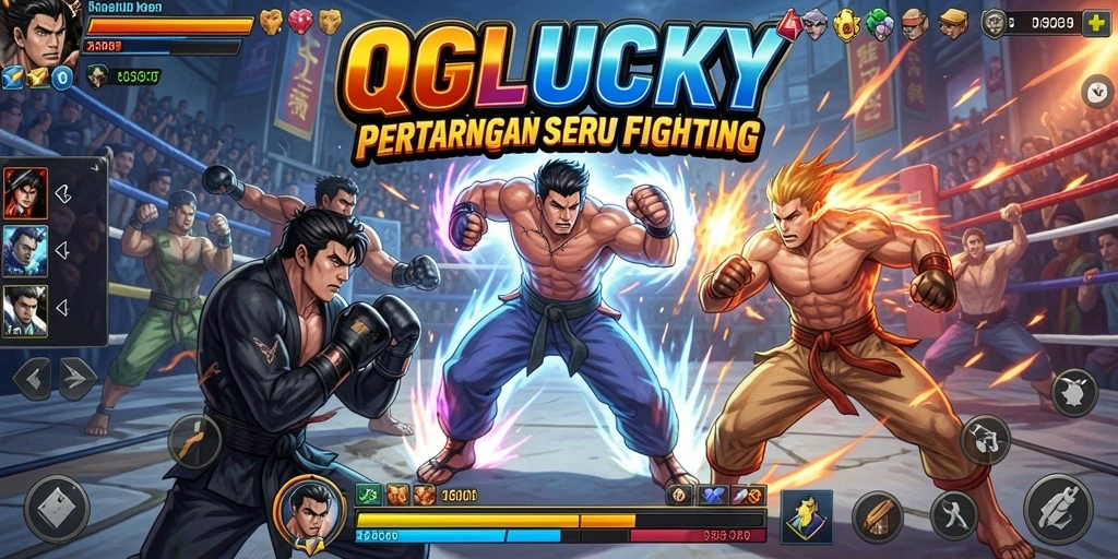 Screenshot menunjukkan pertarungan dinamis dan karakter mengesankan di QGLUCKY.