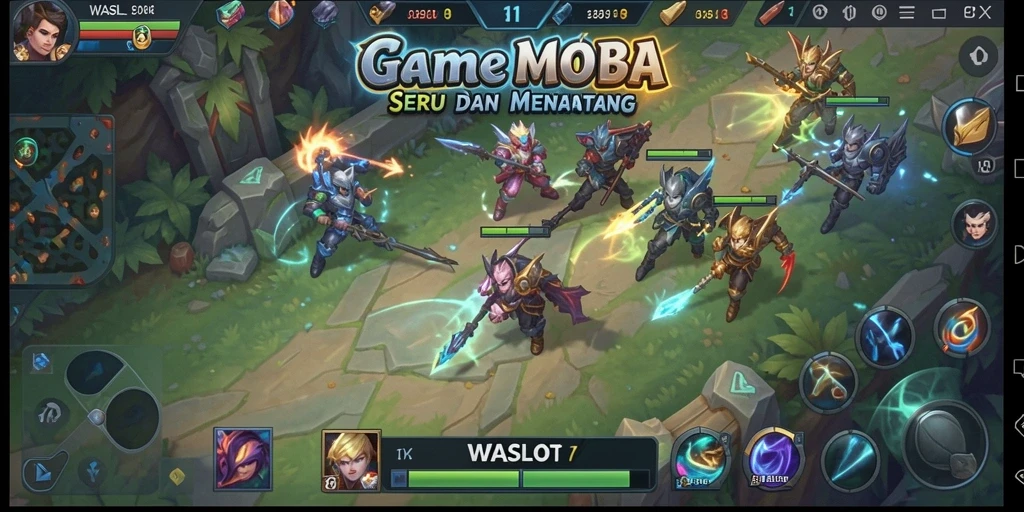 Tampilan gameplay WASLOT yang memukau dengan aksi pertempuran MOBA yang seru.